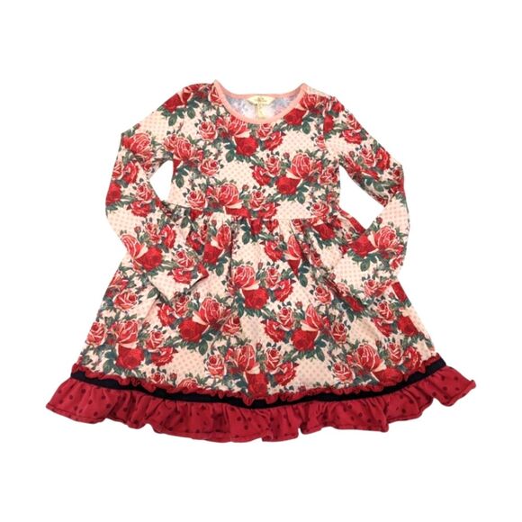 Matilda Jane Kinsley dress Pink Red Burgundy Green Ruffle Long Sleeve Dress Sz 6 - Picture 1 of 8